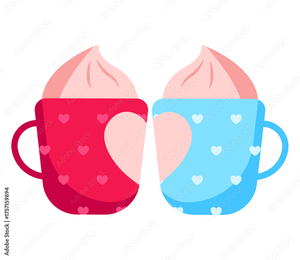 Fototapeta premium Two Cups Of Yogurt With Pink Cream Hearts Pattern On Transparent Background For Couples Or Valentine Day Celebration
