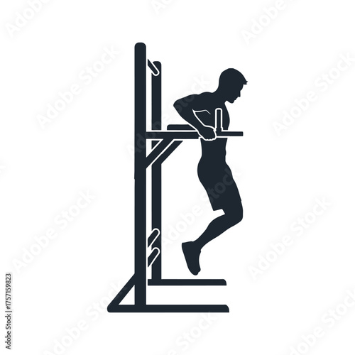 Silhouette of a man performing dips on parallel bars in a gym vector