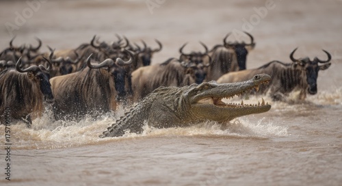 Crocodile Wildebeest: Attack during Great Migration in Mara River, Masai Mara National Park