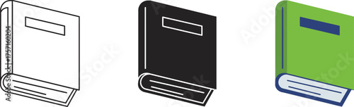 Three stylized book icons in different artistic styles depicting a closed book a silhouette and a simple colored representation of a book spine and cover. vector