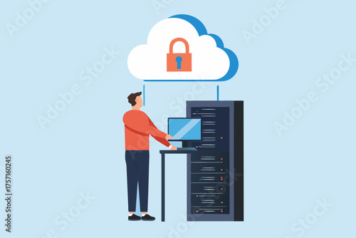 Person working on computer connected to a secure cloud storage with padlock symbol and server rack
