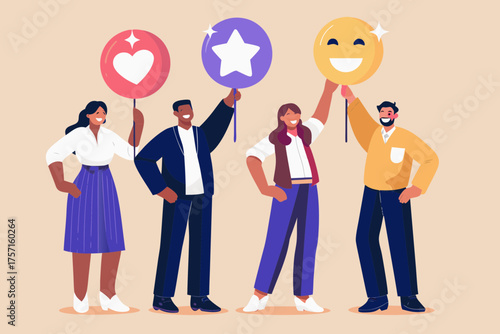 Diverse group of people holding up balloons with positive symbols like a heart star and smiley face