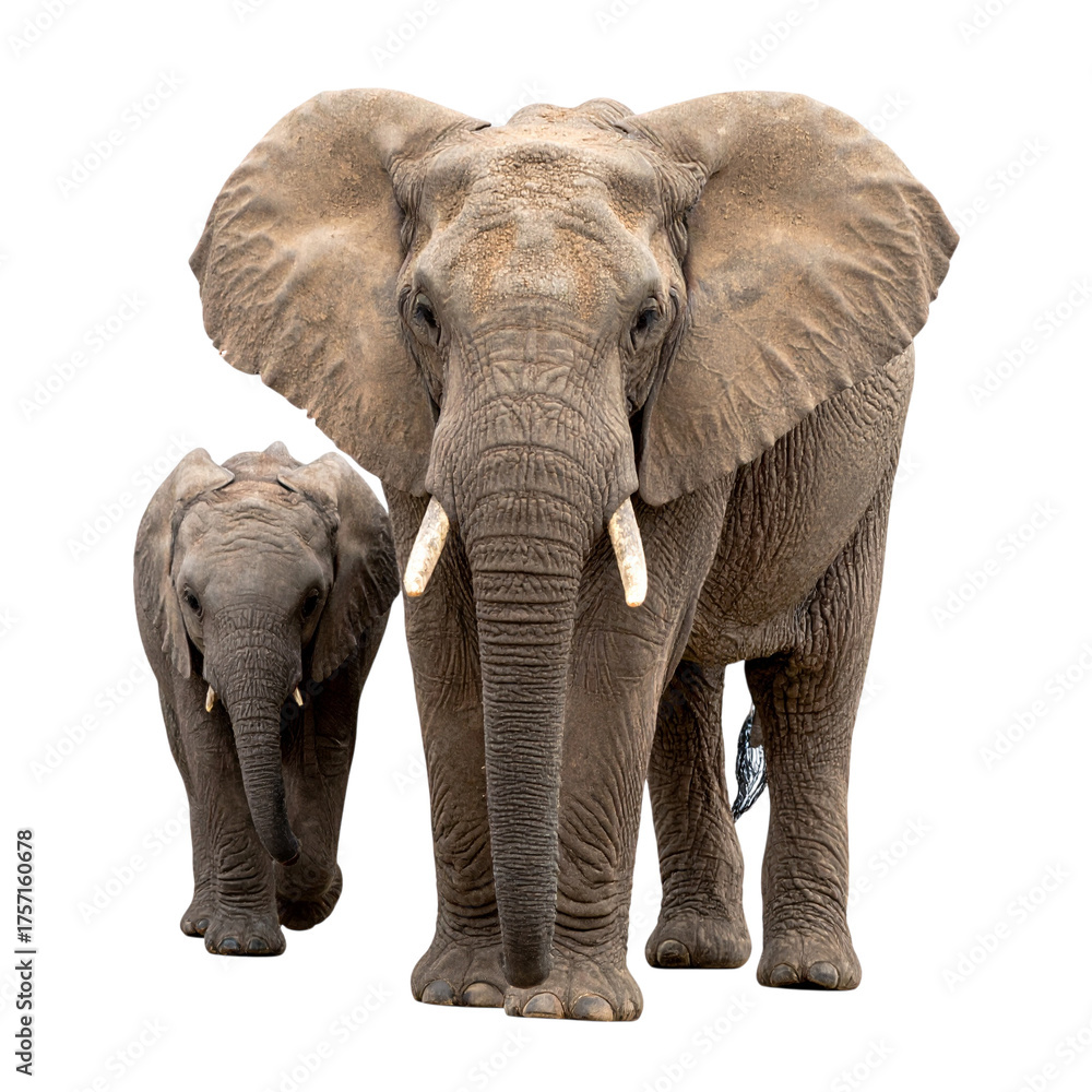 Obraz premium Transparent PNG of a family of elephants—mother, father, and baby—perfect for wildlife, nature, family, animal illustrations, conservation, and educational designs
