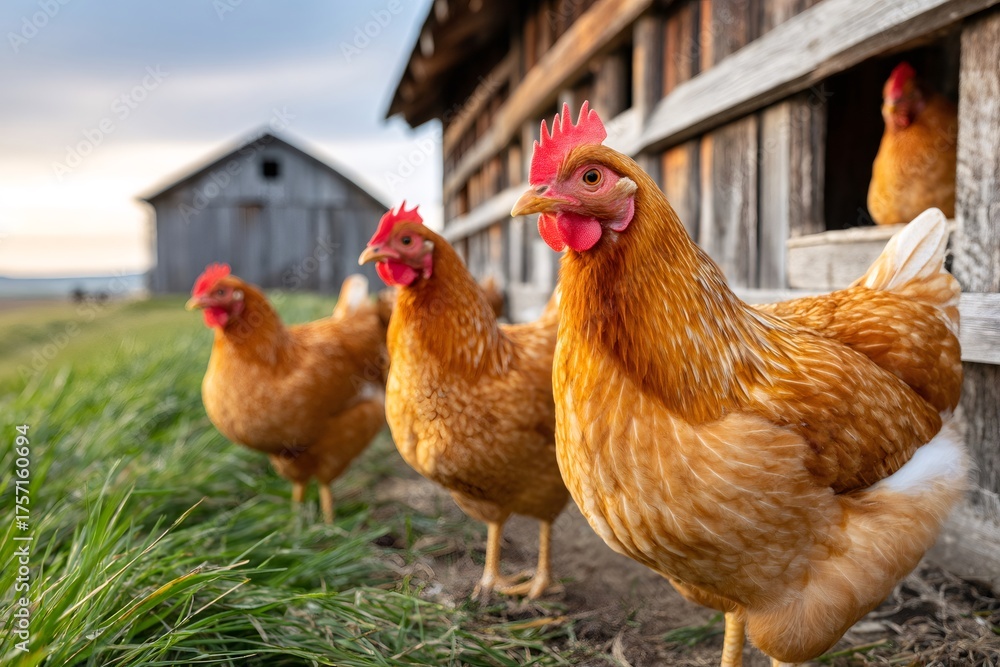Fototapeta premium Free range hens standing on green pasture by coop