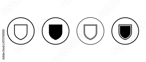 Security shield icon set in circular outline. Defense and safety symbol. Protection and security sign