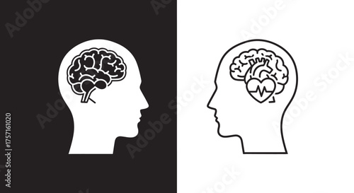 Icon Set Vector of Human Head with Brain and Heart Symbols for Psychology and Emotional Intelligence