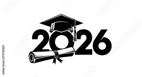 Graduation cap and diploma with year 2026 isolated on transparent background