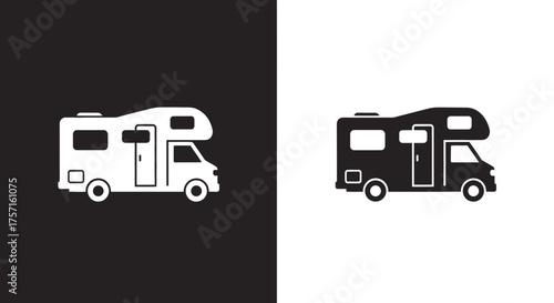 Flat Motorhome Vector Icon Set with Simple RV Silhouette in Black and White