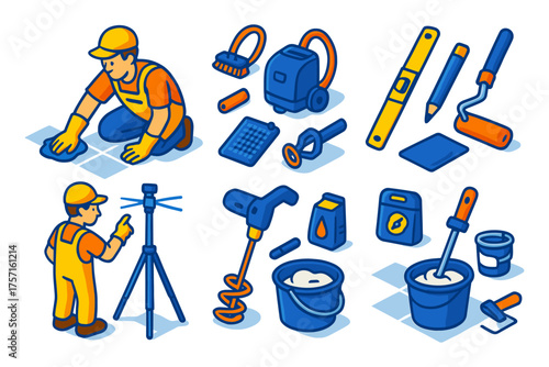 Isometric construction worker and building tools icons ,worker, level, roller, bucket, tripod