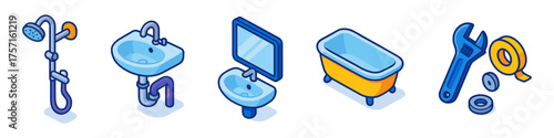 Isometric plumbing icons , shower, sink, bathtub, wrench, repair tools