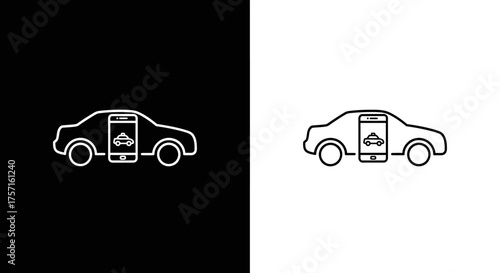 Minimalist Line Art Vector Icon with Car and Smartphone for Ride Hailing App