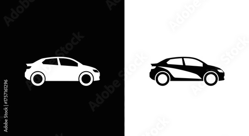 Modern hatchback car silhouette icon set in black and white.