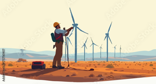 Wind Turbine Inspection: An engineer meticulously inspects a wind turbine, symbolizing innovation and commitment to sustainability. This image promotes a greener future.