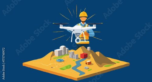 Drone Surveying Illustration: A detailed illustration showcases a construction worker expertly operating a drone for surveying purposes, revealing a model of urban planning. 