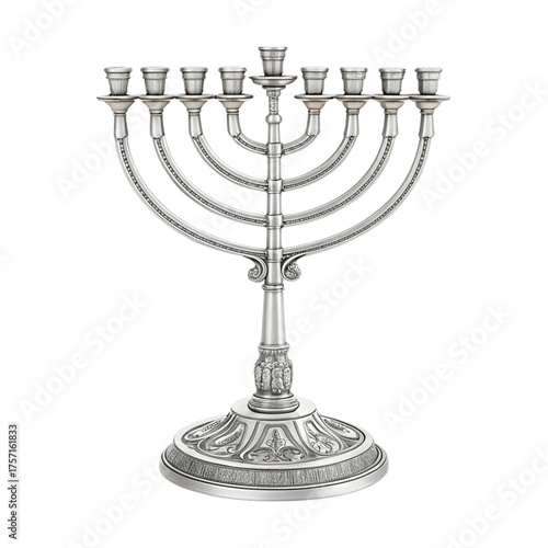 Elegant silver menorah isolated on white background — 3D realistic render