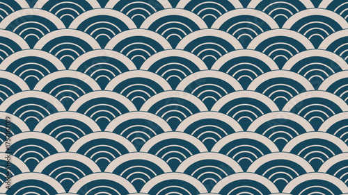 Repeating pattern of blue and beige semicircles with white lines in a stylized wave design