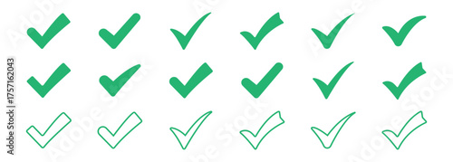 Check mark icons. Creative vector tick mark icon set.  Green checkmark sign for app, UI, website. green checkmark icons for approval and verification. 