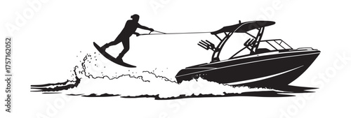 Dynamic silhouette of a person wakeboarding behind a speeding boat, capturing the thrill of water sports and fast-paced summer adventure on the open sea.