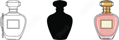 Three perfume bottle representations line art silhouette and full color realistic showing design and product showcase for advertising beauty and fragrance collections vector