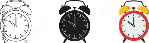 Collection of three vintage alarm clocks in different styles and colors white sketch black silhouette and red with yellow bells on vector