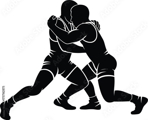 Dynamic silhouette illustration of two wrestlers grappling in intense combat action silhouette vector illustration white background