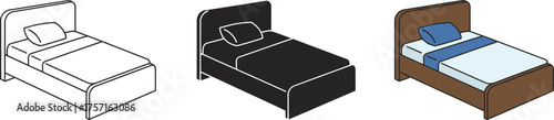 Three distinct styles of upholstered bed frames including a line drawing a silhouette and a realistic rendering with bedding and pillows vector