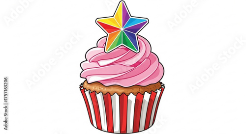Colorful cupcake with vibrant pink frosting and a unique rainbow star topper, presented in a festive red and white striped wrapper for celebration