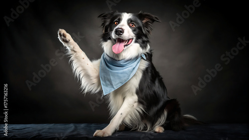 A cheerful border collie with a blue bandana extends its paw in a friendly wave, its tongue playfully out against a dark, moody background