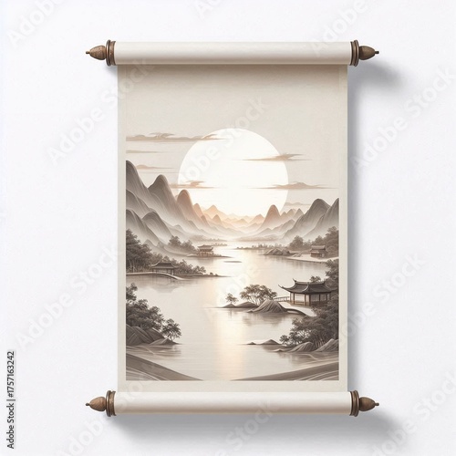 Traditional landscape painting with mountains and river on scroll  