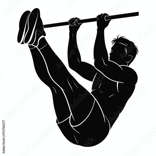 Silhouette illustration of person performing leg raises on a pull-up bar vector art for fitness and workout graphics silhouette vector illustration white background