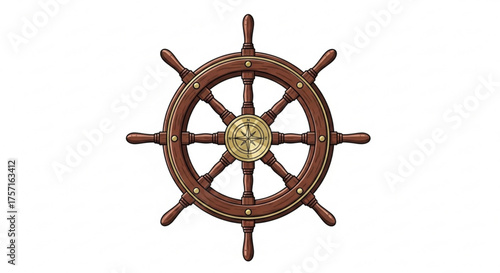 Vintage wooden ship's steering wheel with intricate brass accents and a detailed compass rose at its center, symbolizing navigation, journey, direction, and control of destiny.