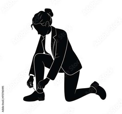Silhouette illustration of a woman tying her shoelaces ready for action silhouette vector illustration white background