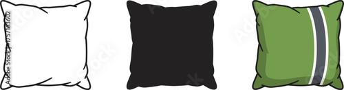 Three square cushions in different styles one sketch style white one solid black and one green striped for home decor and design vector