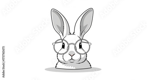 Cartoon illustration of a cute and smart white rabbit head wearing round eyeglasses, portraying an intelligent and wise animal character or mascot.