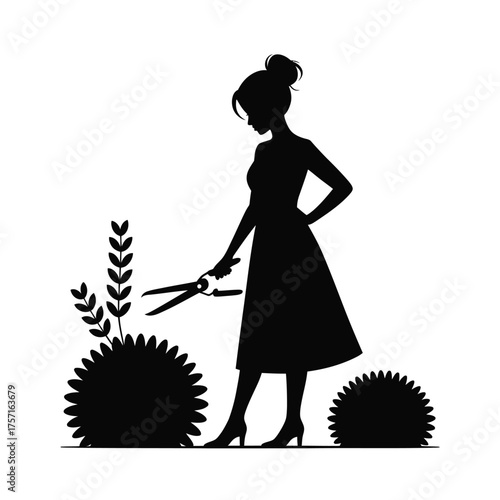 Elegant silhouette vector illustration of a woman gardening and pruning bushes with shears silhouette vector illustration white background