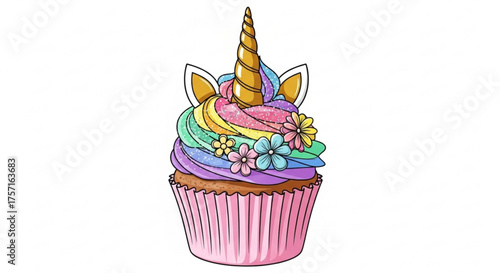 Adorable unicorn cupcake illustration with sparkling rainbow frosting, golden horn, and pastel floral accents. ideal for fantasy themes, birthdays, and sweet treats.