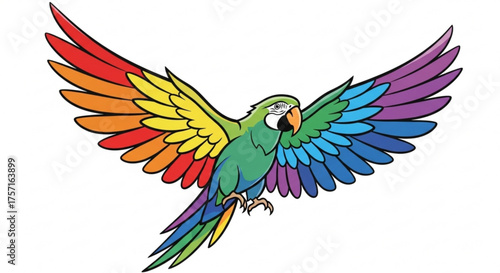 Vibrant green macaw parrot with outstretched wings showcasing a spectrum of rainbow colors, vector illustration depicting tropical bird in flight.