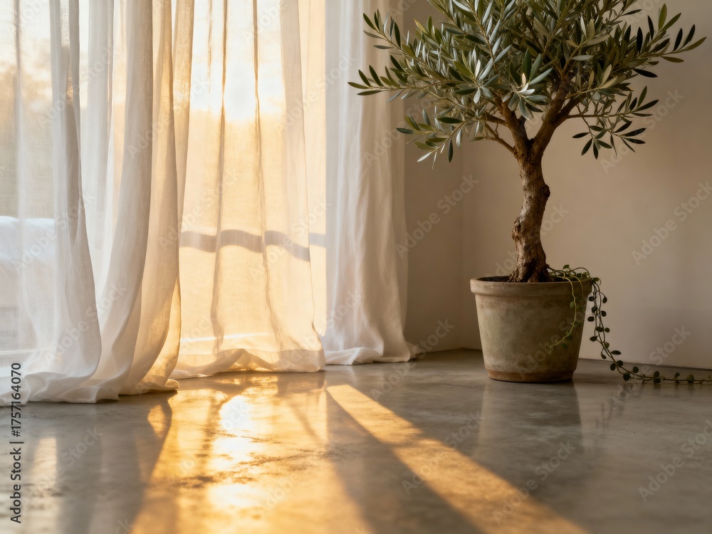 Fototapeta premium Golden Sunlight Streaming Through Sheer White Curt