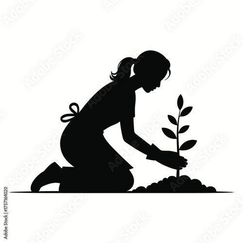 Scalable vector illustration of a gardener planting a sapling in the ground silhouette vector illustration white background