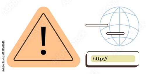 Exclamation in warning triangle, global internet representation, URL bar. Ideal for cybersecurity, online safety, phishing prevention, internet issues, data protection, system alerts simple flat