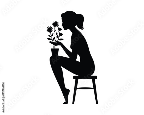 Elegant silhouette illustration of a woman tending to flowers scalable vector graphic for eps download silhouette vector illustration white background