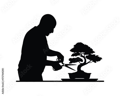 Silhouette illustration of a person tending to a bonsai tree with scissors vector graphic silhouette vector illustration white background