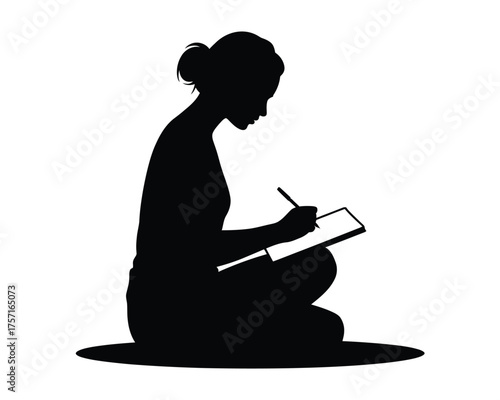 Silhouette illustration of woman drawing on tablet vector art scalable eps graphic silhouette vector illustration white background