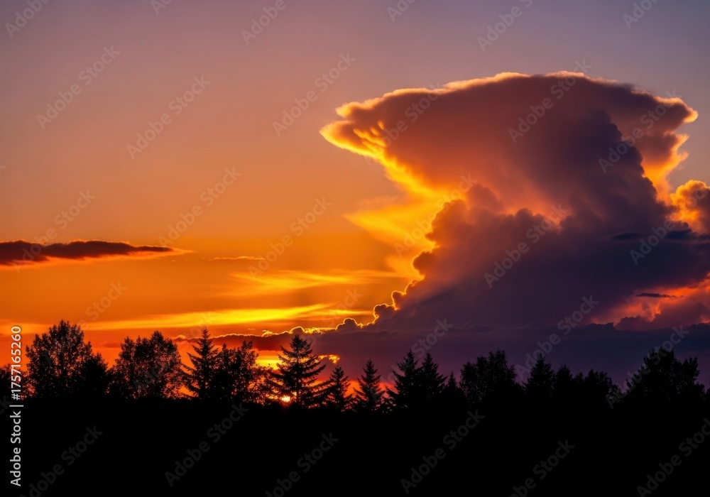 Fototapeta premium Dramatic sunset clouds illuminate the sky over a silhouetted forest landscape