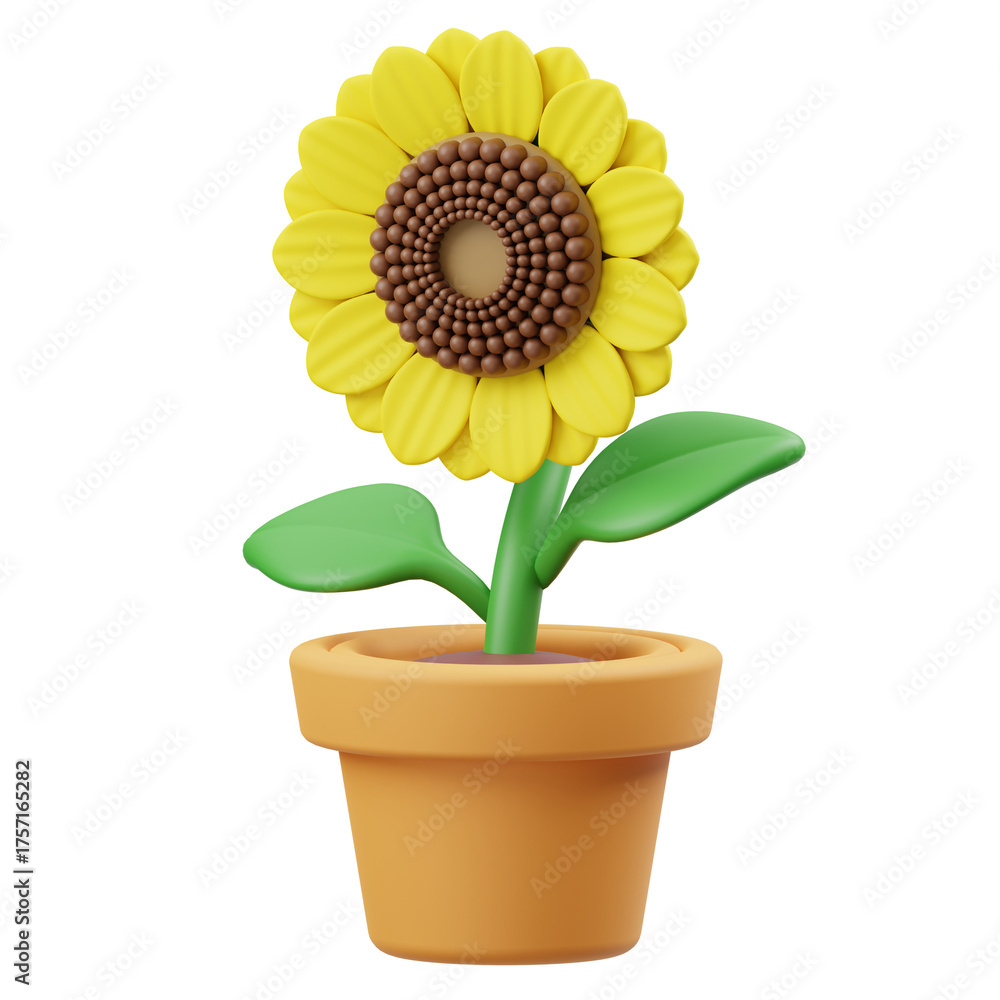 Obraz premium Isolated 3D Rendered Sunflower Plant in a Terracotta Pot Against a Transparent Background Vibrant Yellow Petals and Green Leaves