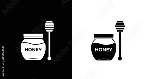 Honey Jar and Dipper Vector Icon in a Simple Black and White Glyph Style