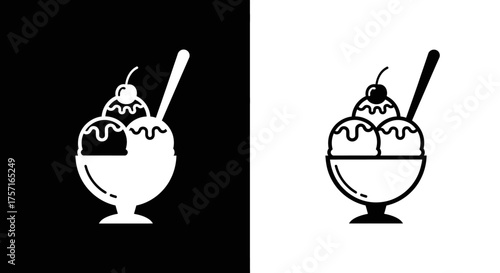 Minimalist Ice Cream Sundae Vector Icon with Dessert Bowl and Cherry