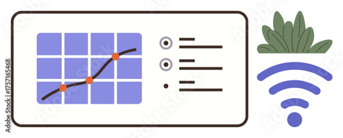 Data grid displaying upward trend chart with indicators, wireless signal, and decorative green plant. Ideal for analytics, technology, connection, environment, growth, monitoring and innovation
