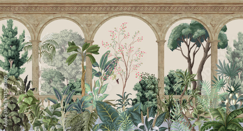 Mughal Wedding Garden Illustration, Indian Wedding, Classical,Greek,Colonnade,With,A,Balustrade,And,Columns,And,Arches.3d