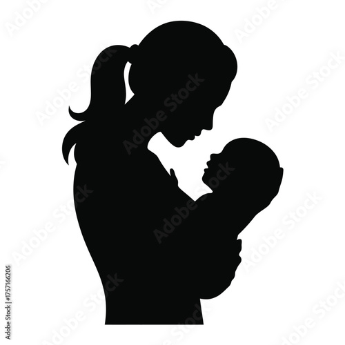 Vector silhouette illustration of mother holding newborn baby tender moment scalable eps icon design silhouette vector illustration white background
